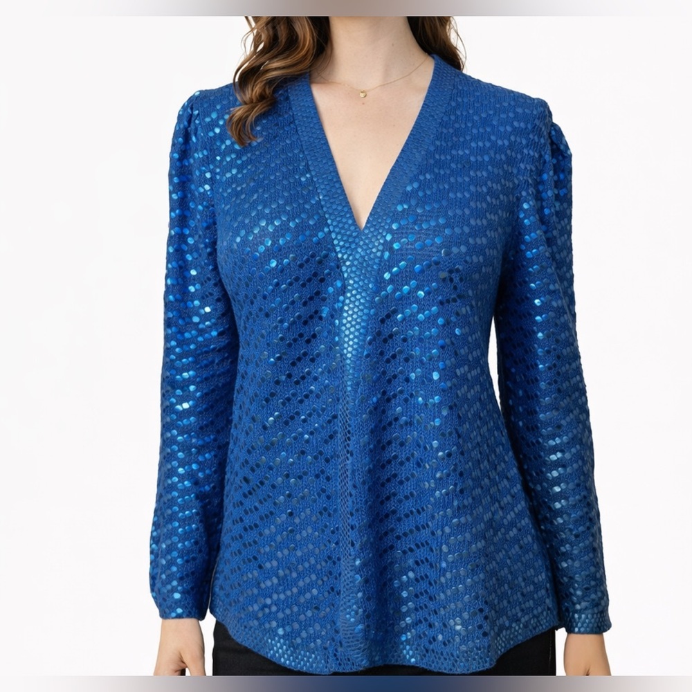 ST JOHN VINTAGE Sequin Jacket L 80's Blue Wedding Formal Party Cruise Holiday